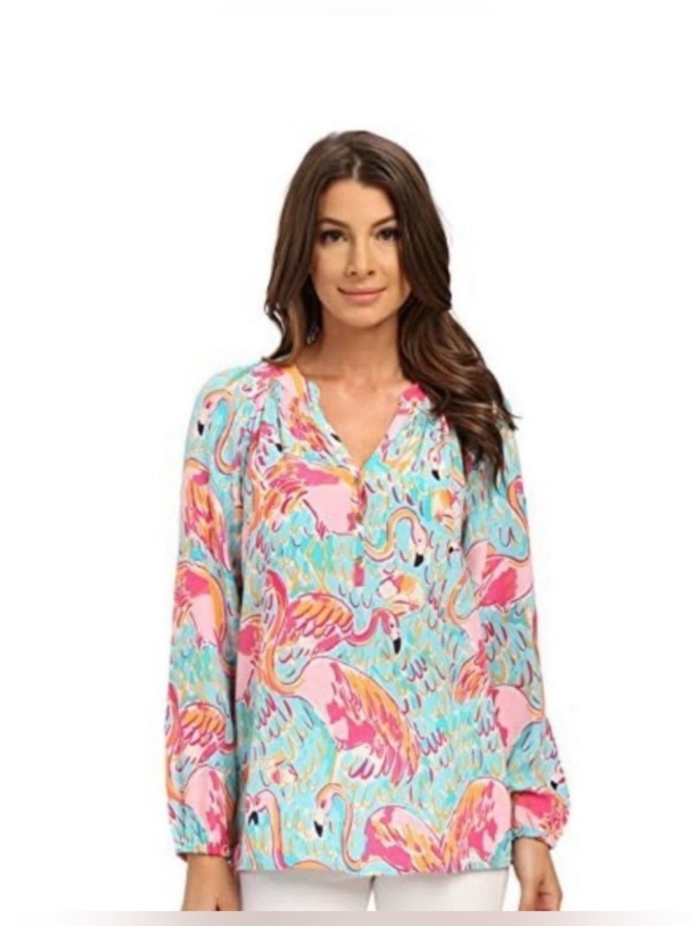 Lilly Pulitzer Shirt Womens XL Multicolor Silk Flamingo Print Sheer Blouse